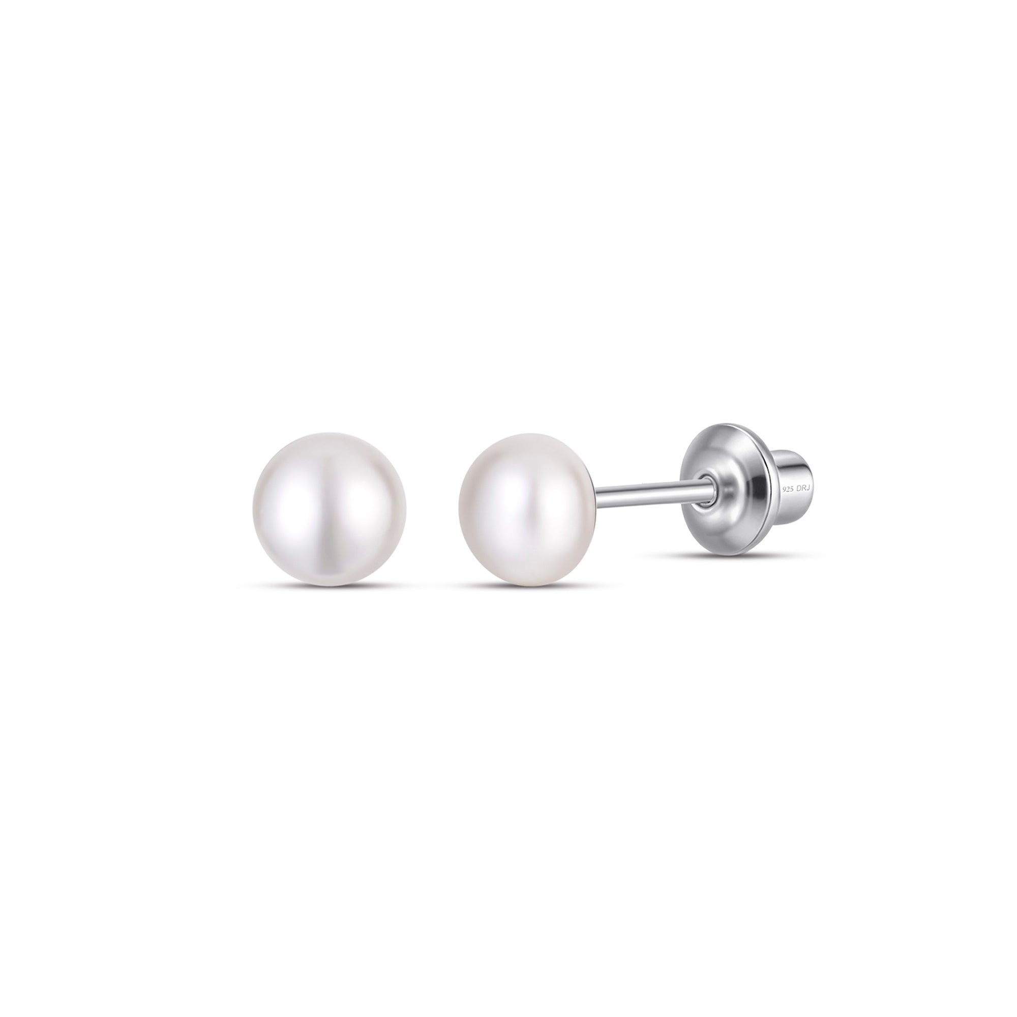 White 4mm Pearl Screw Back Stud Earrings for Baby, Toddler, Girls, Kids