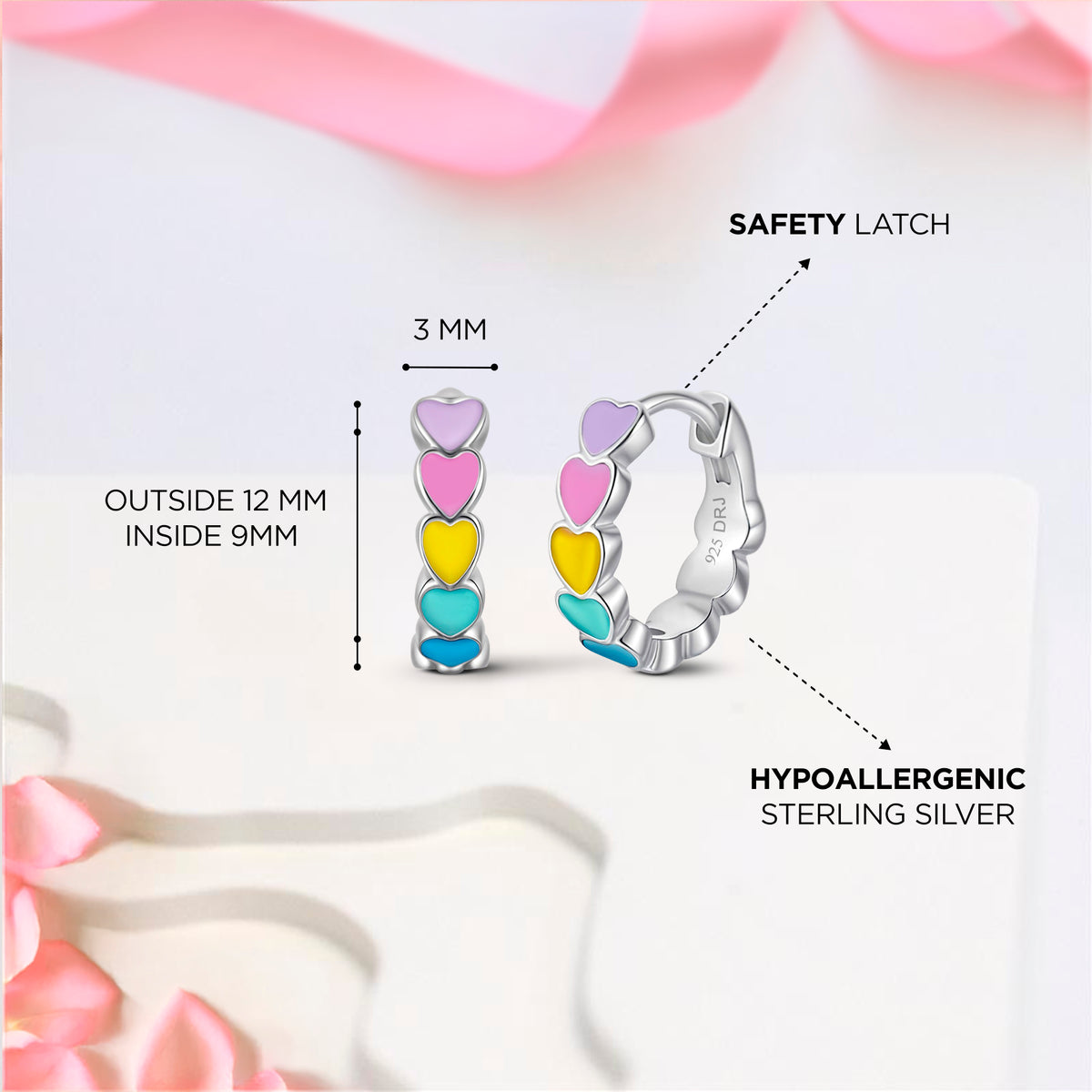 Multi-Colored Heart Enamel Huggie Hoops