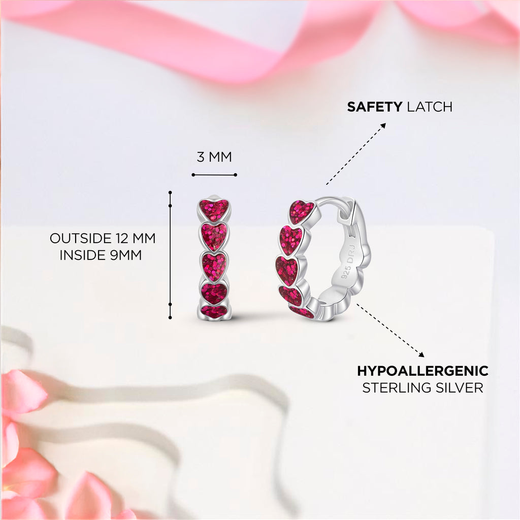 Pink Sparkle Heart Enamel Huggie Hoops