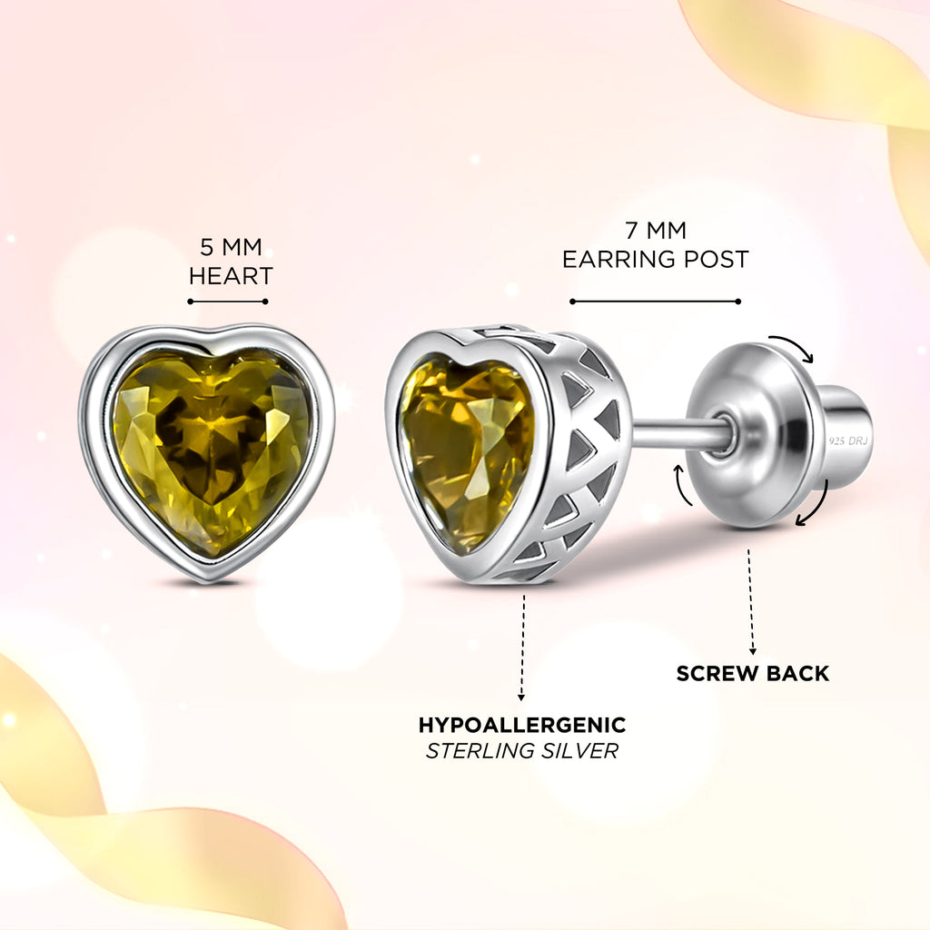 Heart Birthstone Screw back Earrings - August Peridot