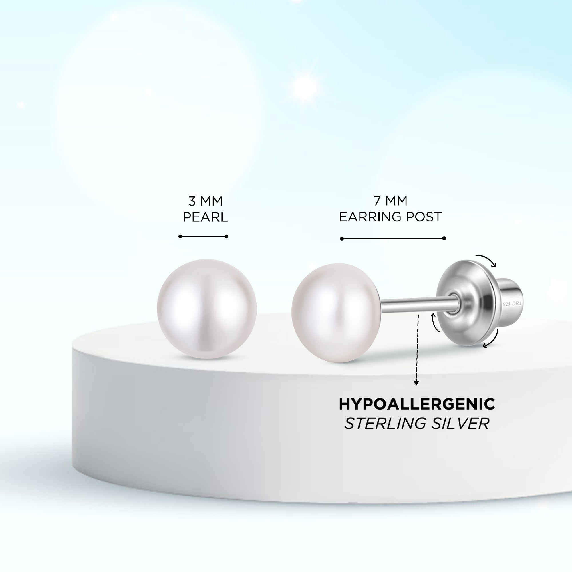 White 3mm Pearl Screw Back Stud Earrings for Baby, Toddler, Girls, Kids