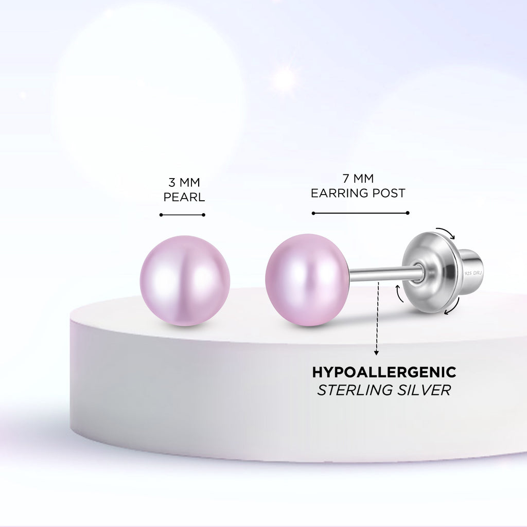 Purple 3mm Pearl Screw Back Stud Earrings for Baby, Toddler, Girls, Kids