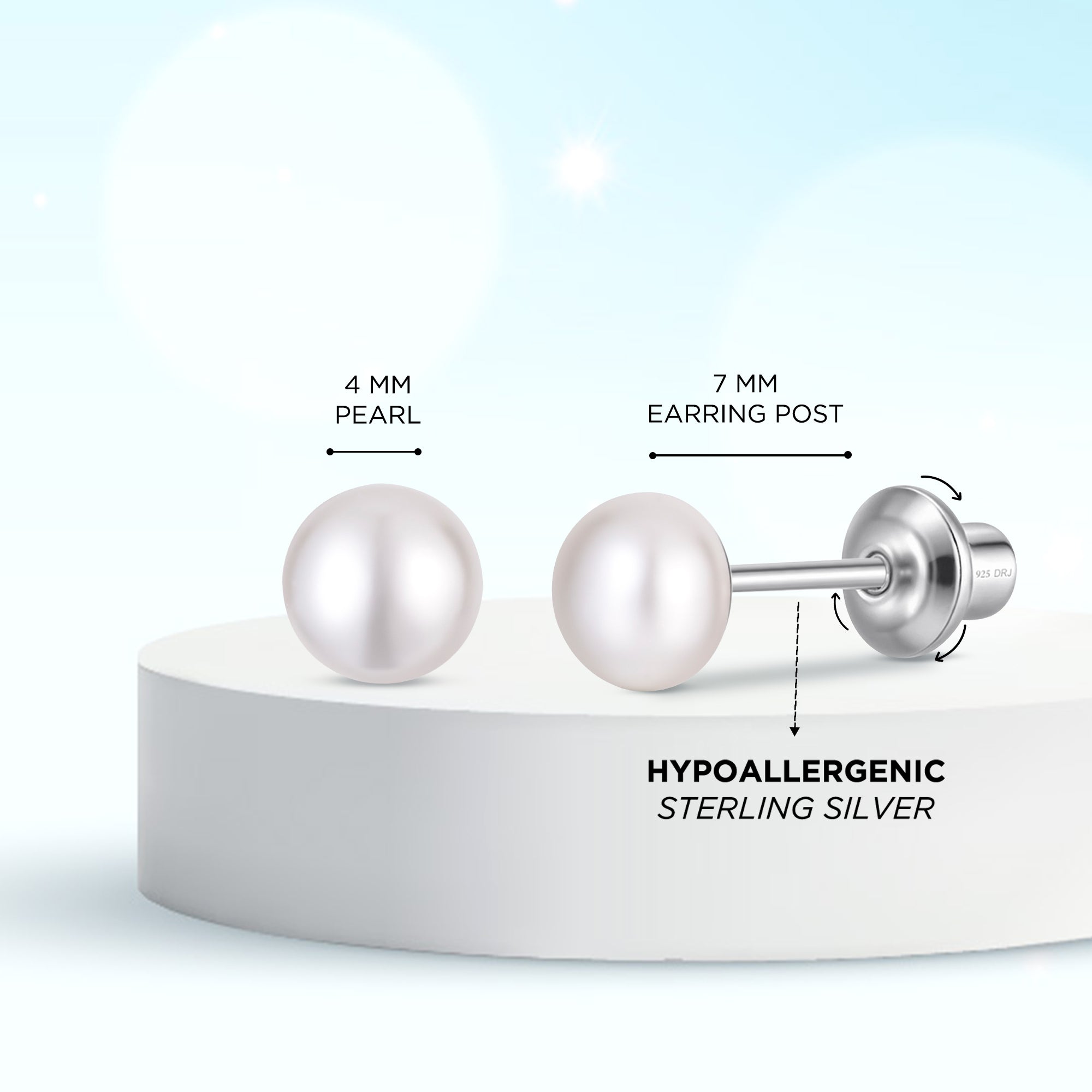 White 4mm Pearl Screw Back Stud Earrings for Baby, Toddler, Girls, Kids