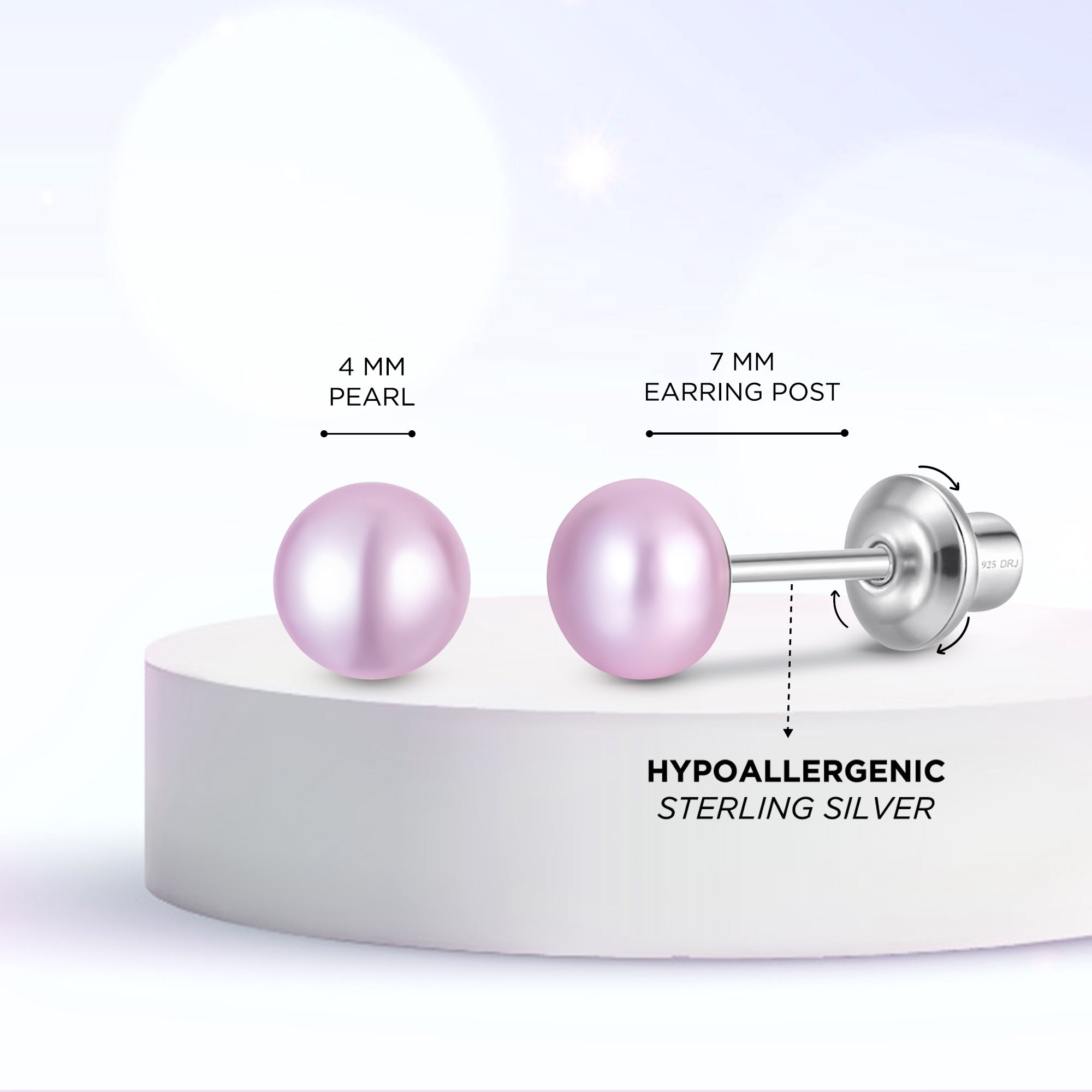 Purple 4mm Pearl Screw Back Stud Earrings for Baby, Toddler, Girls, Kids
