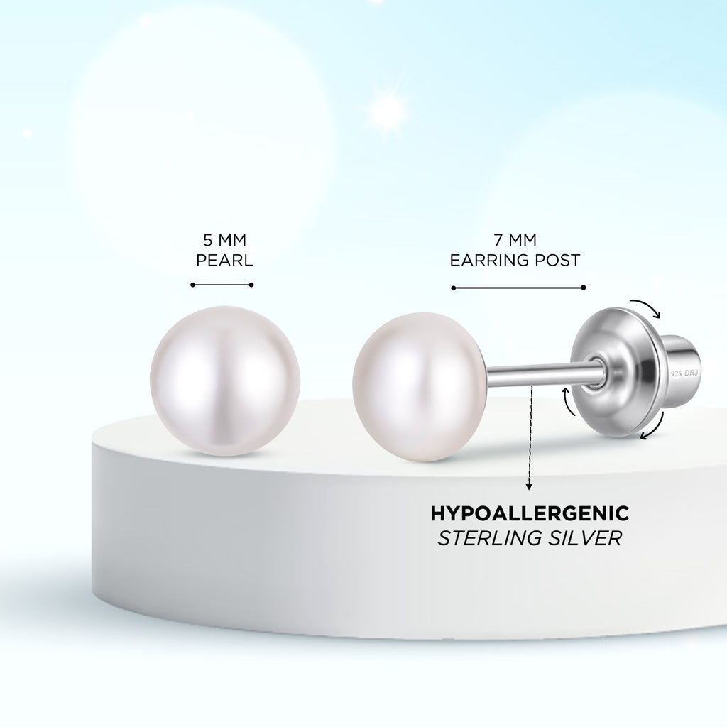 White 5mm Pearl Screw Back Stud Earrings for Baby, Toddler, Girls, Kids