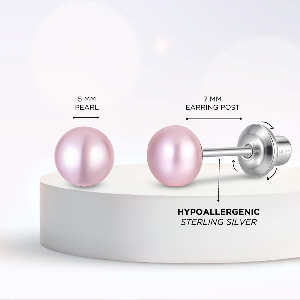 Pink 5mm Pearl Screw Back Stud Earrings for Baby, Toddler, Girls, Kids