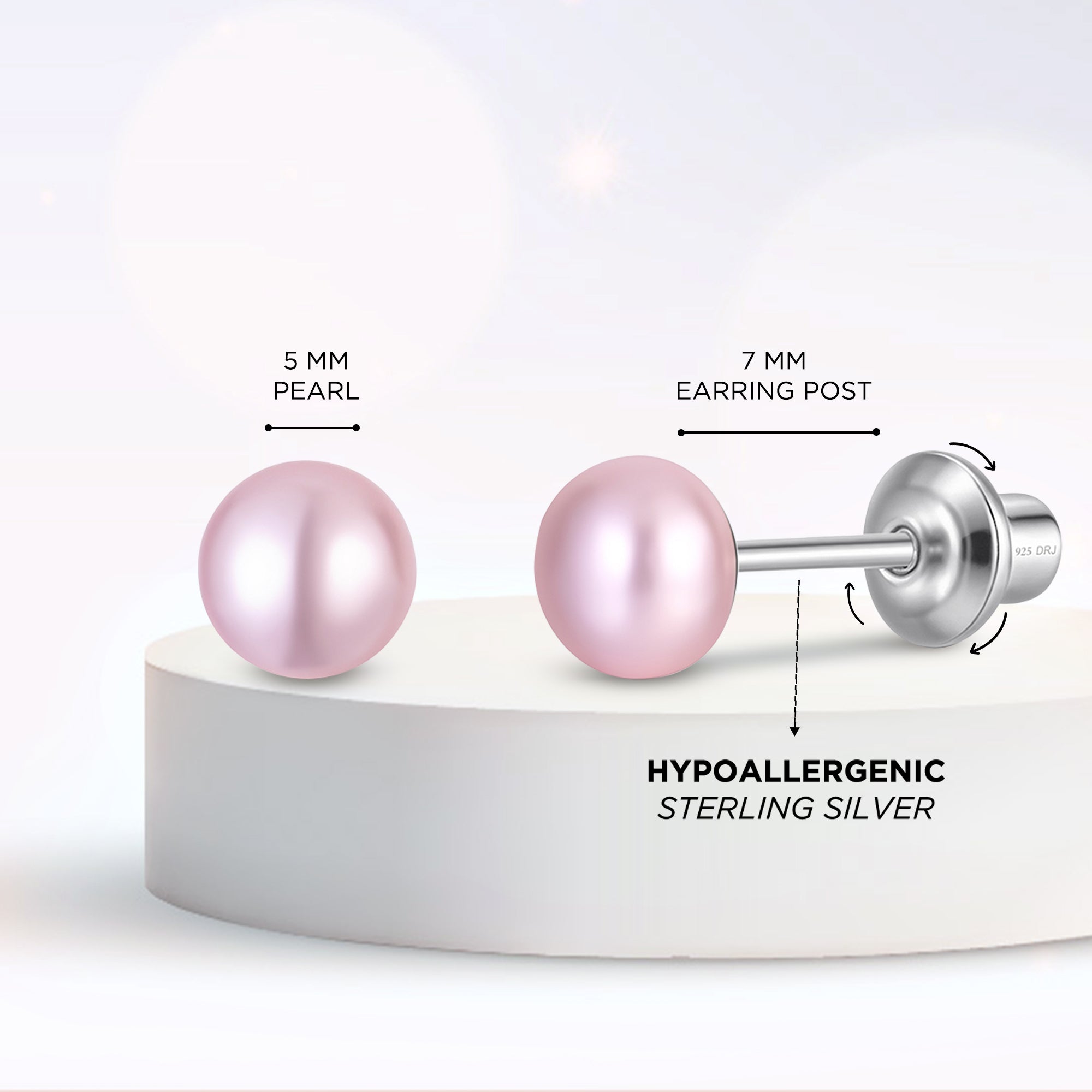Pink 5mm Pearl Screw Back Stud Earrings for Baby, Toddler, Girls, Kids