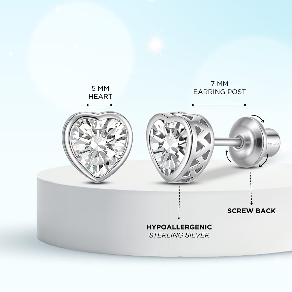 Heart Birthstone Screw back Earrings - April/Diamond