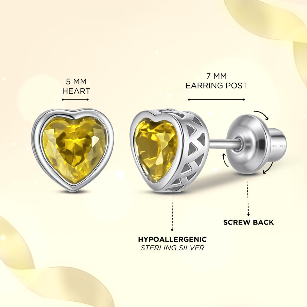 Heart Birthstone Screw back Earrings November/Citrine
