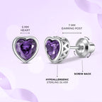 Heart Birthstone Screw back Earrings Feb/Amythest