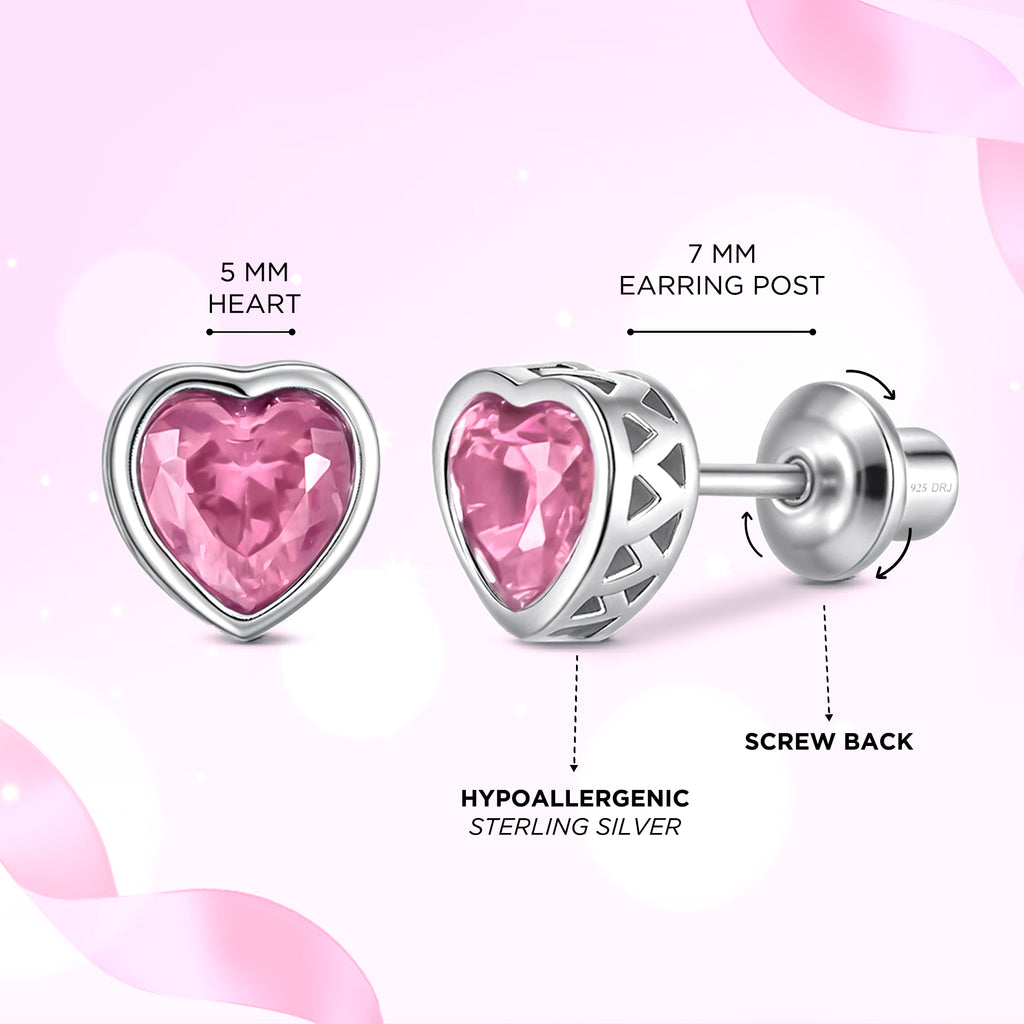 Heart Birthstone Screw back Earrings October/Pink Tourmuline