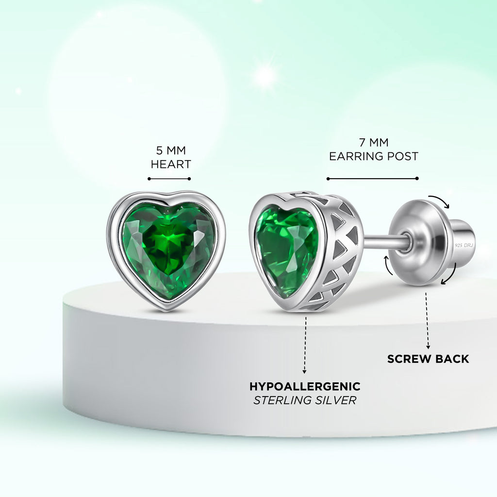 Heart Birthstone Screw back Earrings May/Emerald