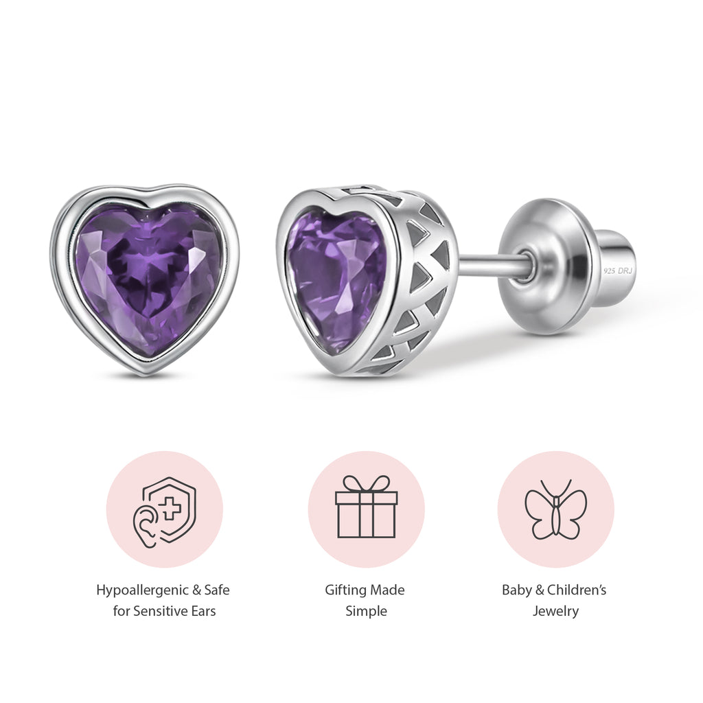 Heart Birthstone Screw back Earrings Feb/Amythest