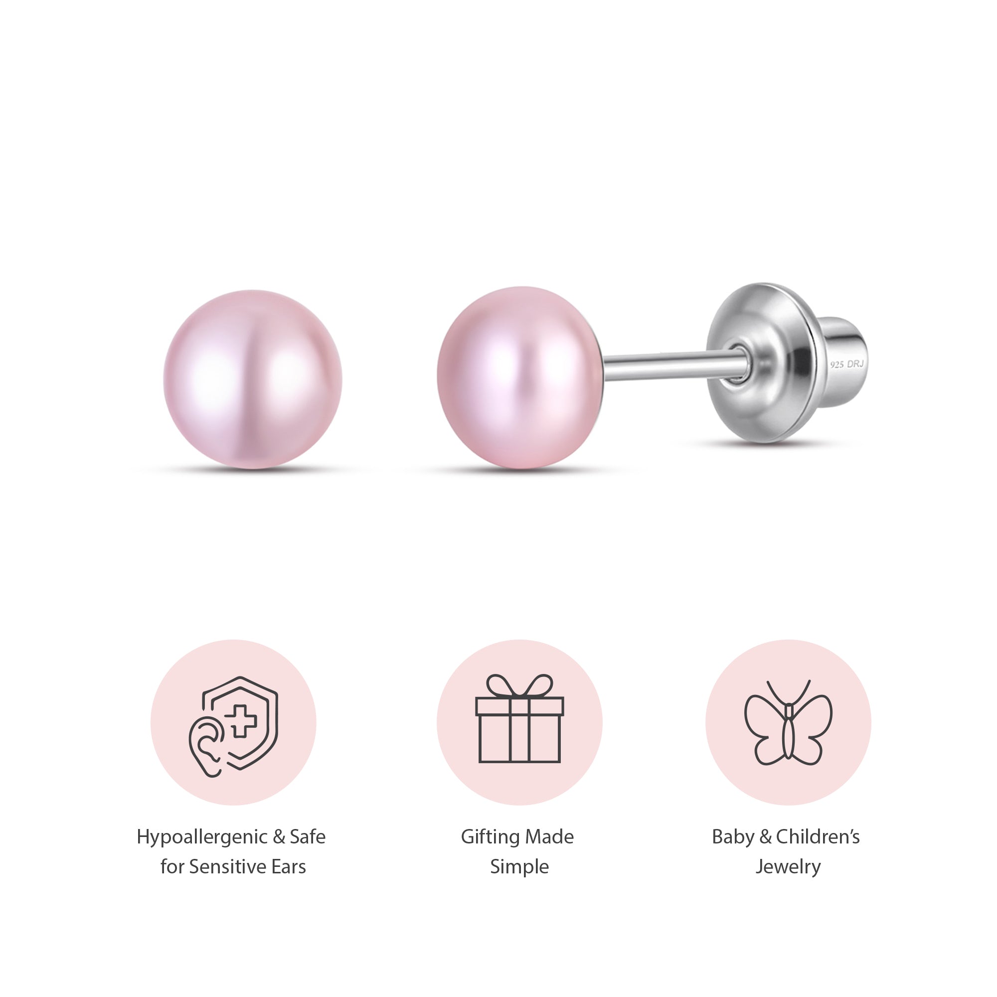 Pink 5mm Pearl Screw Back Stud Earrings for Baby, Toddler, Girls, Kids