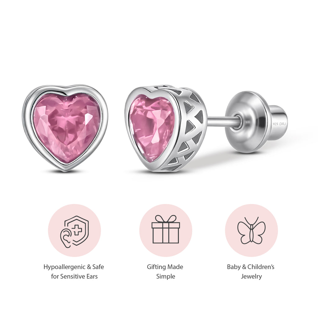 Heart Birthstone Screw back Earrings October/Pink Tourmuline