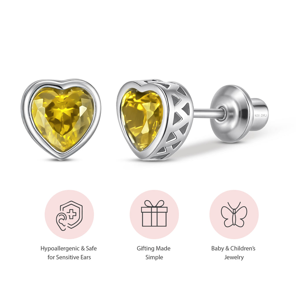 Heart Birthstone Screw back Earrings November/Citrine