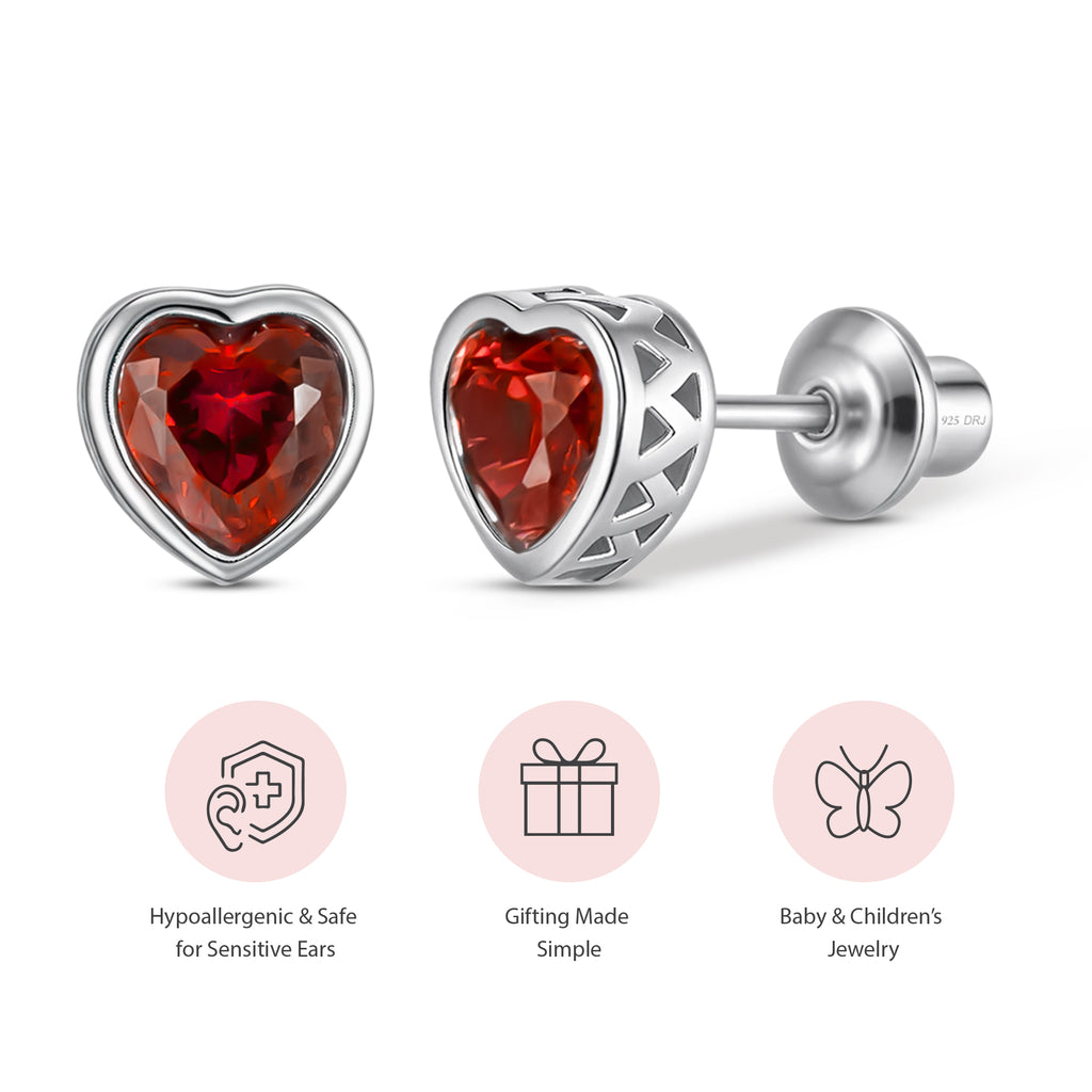Heart Birthstone Screw back Earrings Jan/garnet