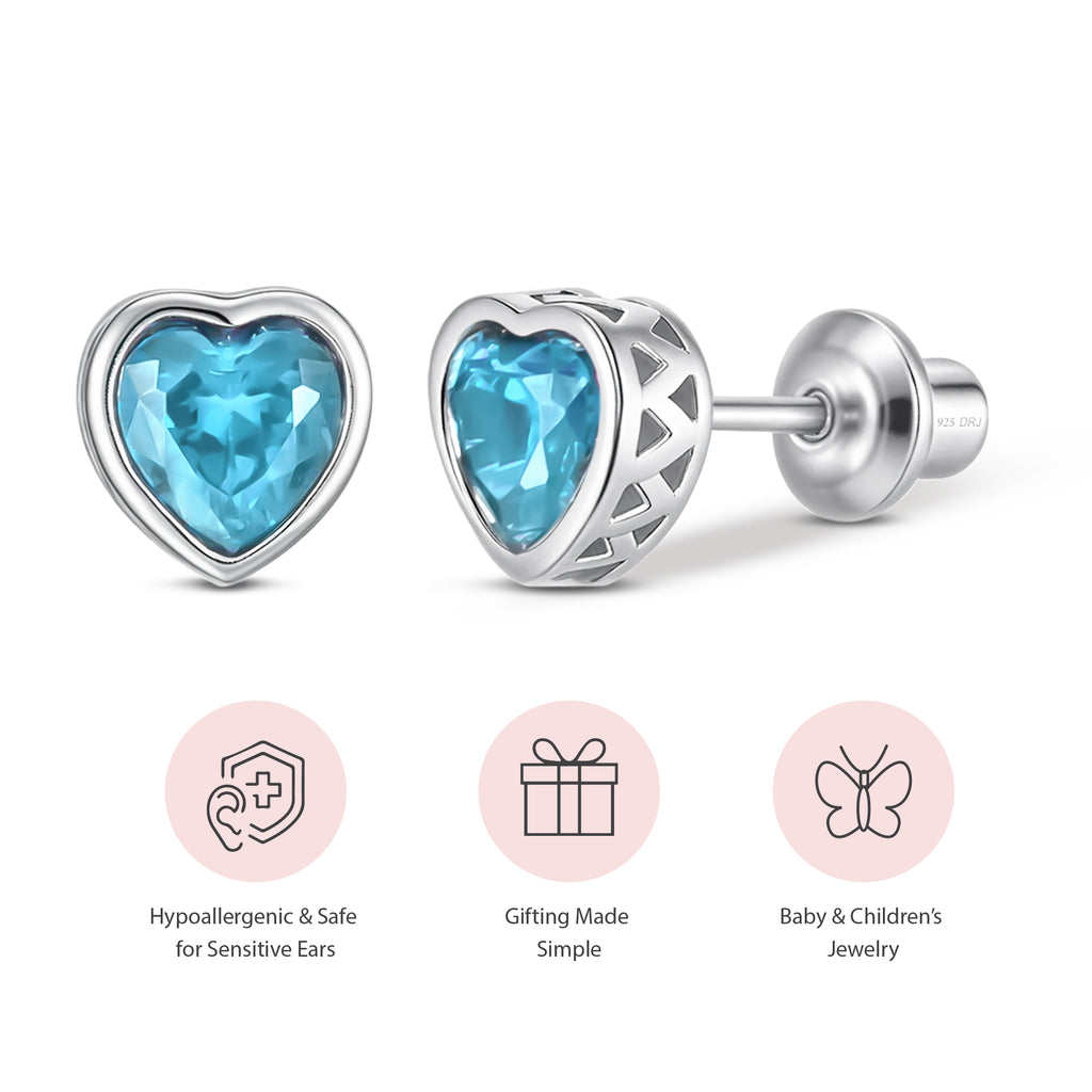 Heart Birthstone Screw back Earrings March/Aquamarine