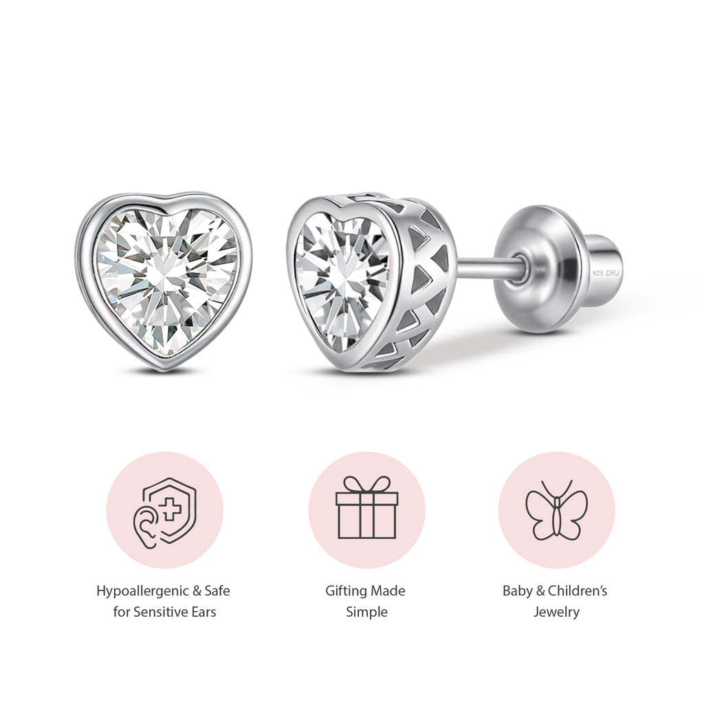 Heart Birthstone Screw back Earrings - April/Diamond