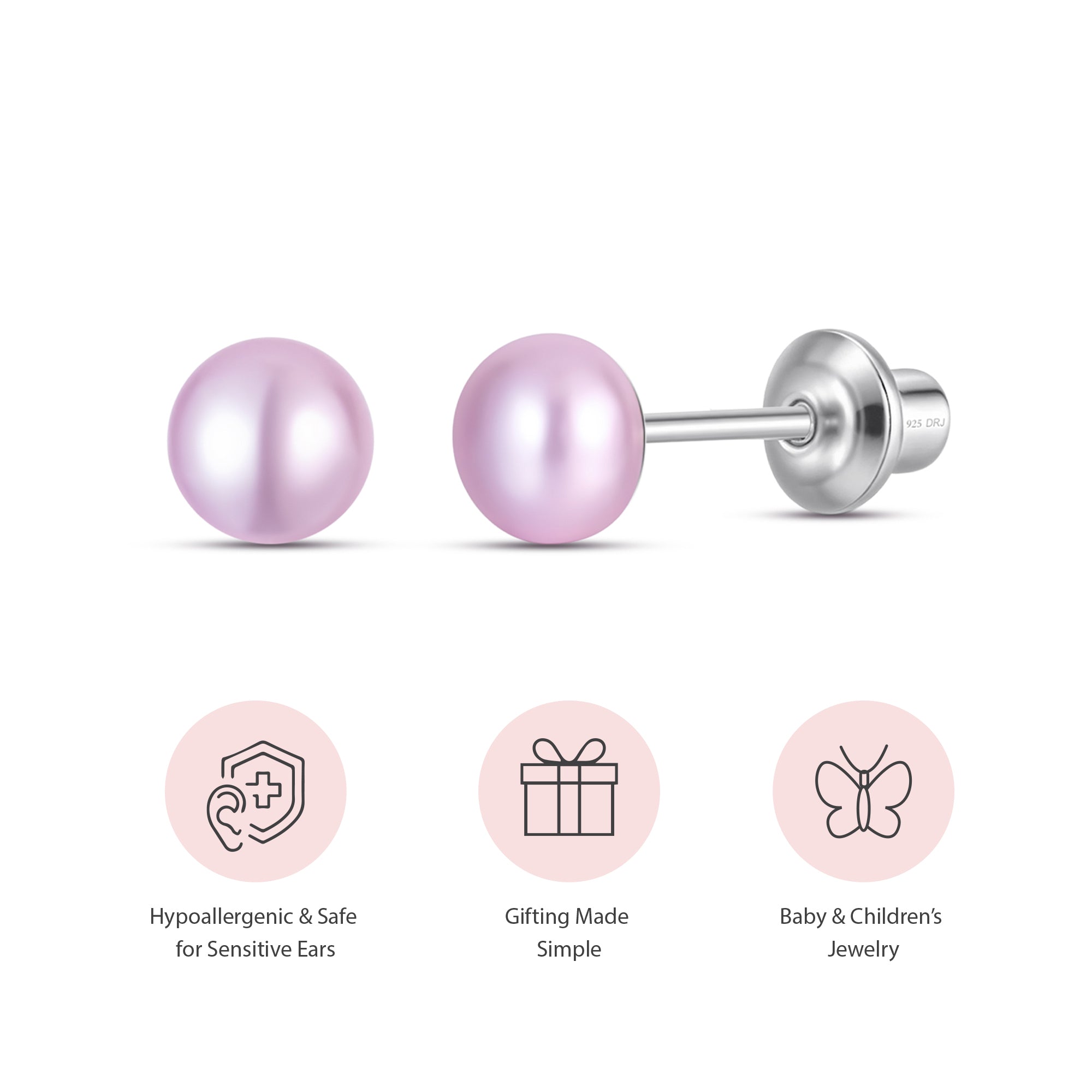 Purple 4mm Pearl Screw Back Stud Earrings for Baby, Toddler, Girls, Kids