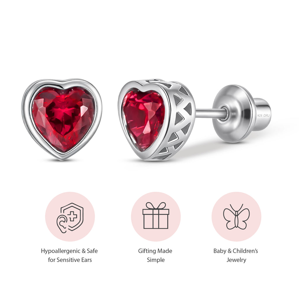 Heart Birthstone Screw back Earrings July/Ruby