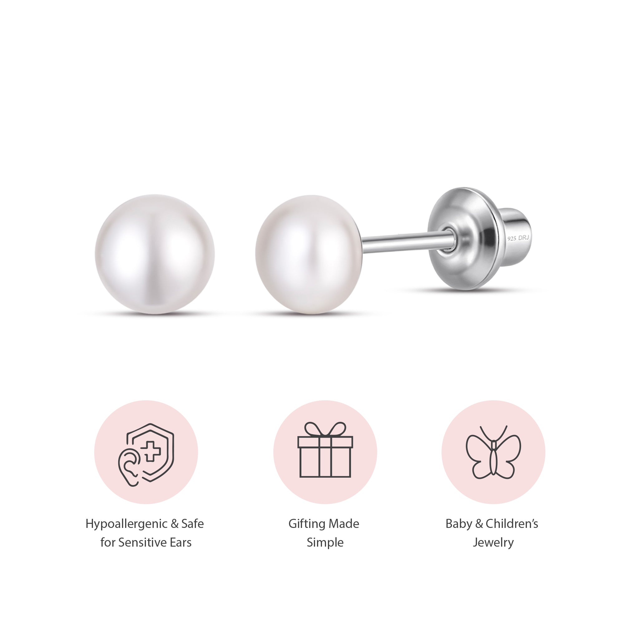 White 3mm Pearl Screw Back Stud Earrings for Baby, Toddler, Girls, Kids