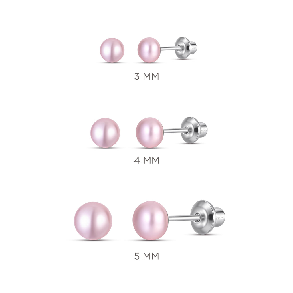 Pink 5mm Pearl Screw Back Stud Earrings for Baby, Toddler, Girls, Kids