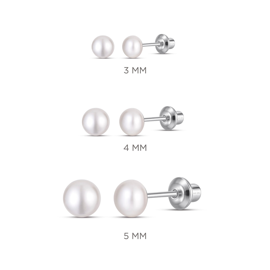 White 3mm Pearl Screw Back Stud Earrings for Baby, Toddler, Girls, Kids