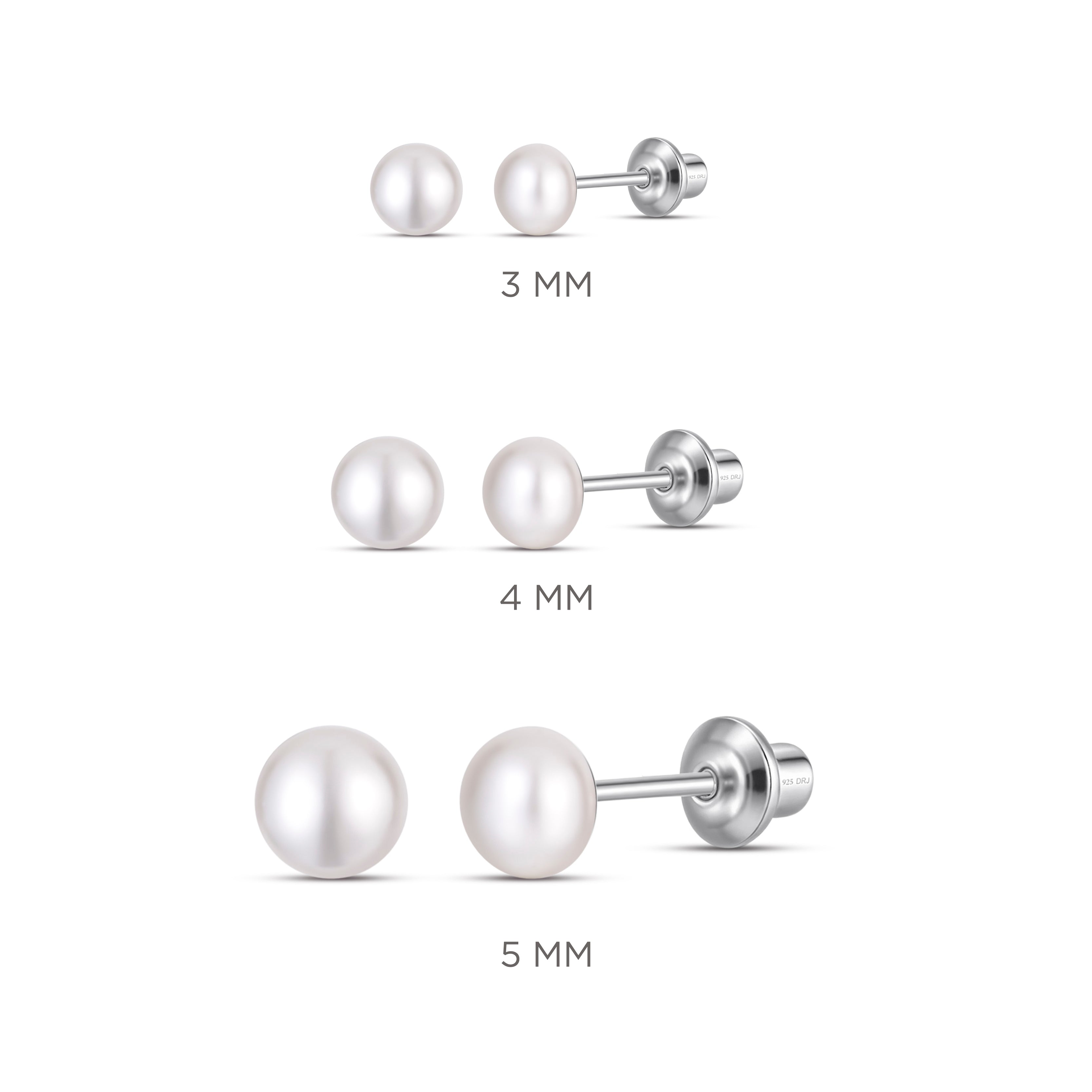 White 3mm Pearl Screw Back Stud Earrings for Baby, Toddler, Girls, Kids