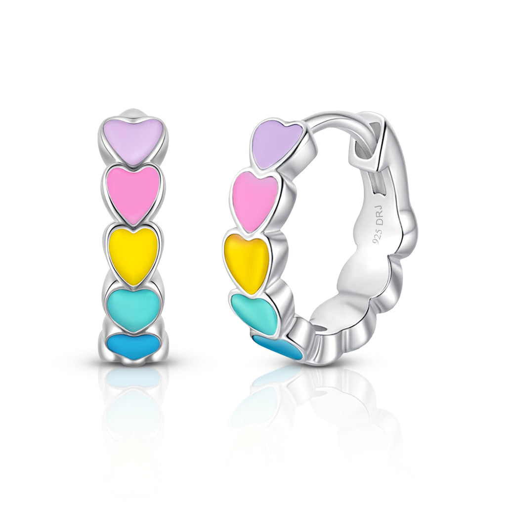 Multi-Colored Heart Enamel Huggie Hoops