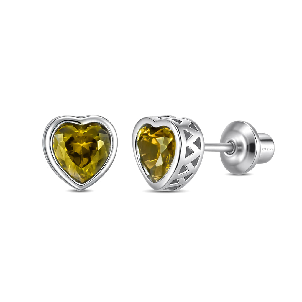 Heart Birthstone Screw back Earrings - August Peridot