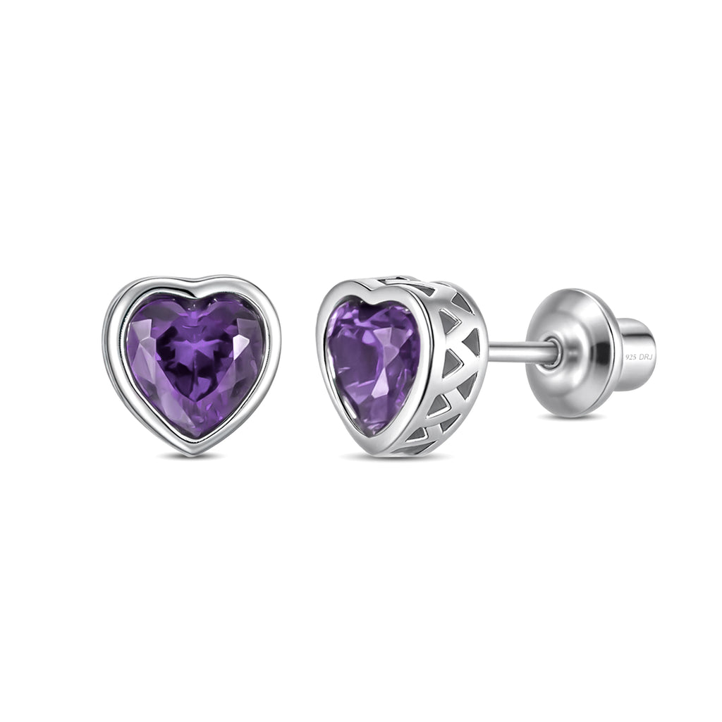 Heart Birthstone Screw back Earrings Feb/Amythest