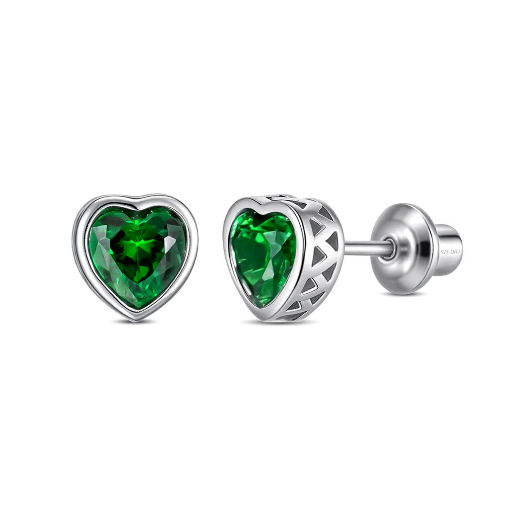 Heart Birthstone Screw back Earrings May/Emerald